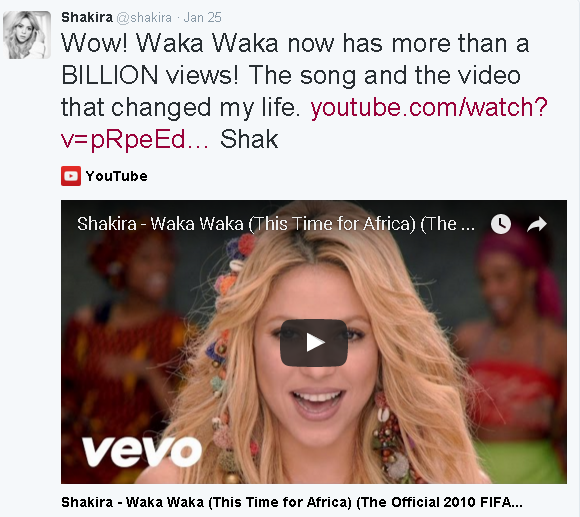 शकीरा के मशहूर गीत ‘वाका वाका’ को यूट्यूब पर एक अरब से ज्यादा हिट
