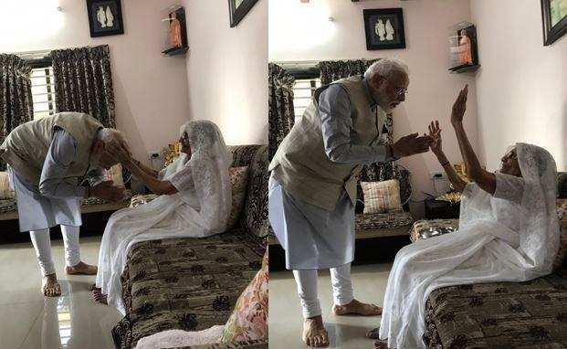 वोट डालने से पहले पीएम मोदी ने पैर छूकर लिया मां का आशीर्वाद, देखिए वीडियो